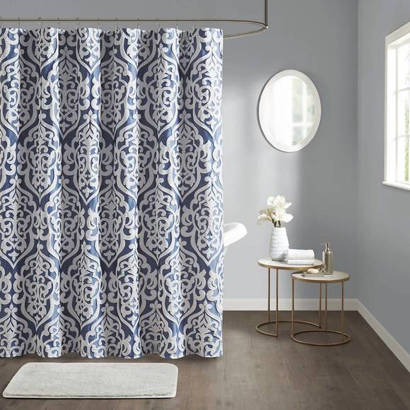 NEW OLLIIX odette jacquard shower curtain in navy - Picture 2 of 3